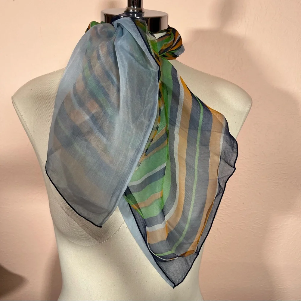 Vintage semi sheer striped Mod Green Blue Square Neck Scarf